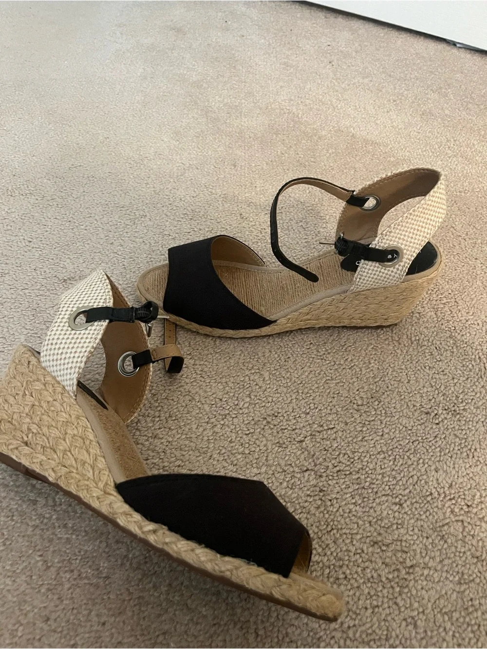 Lucky Brand Black and Tan Espadrille Wedge Sandals
